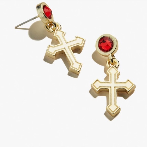 NWT Alex & Ani gold cross earrings with red crystal accent - Picture 3 of 3
